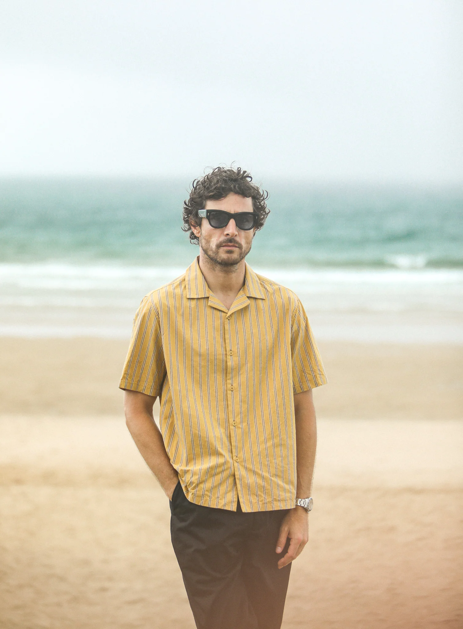 Modern Camp Collar Japanese Stripes Dark Yellow - Image 3